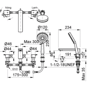 Bản vẽ kích thước vòi sen tắm gắn bồn INAX BFV-5013S nóng lạnh cao cấp