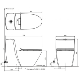 Bản vẽ kích thước Bồn Cầu INAX AC-919VRN (AC919VRN) 1 Khối Aqua Ceramic