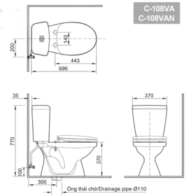 Bản vẽ kích thước Bồn cầu INAX C-108VAN (C108VAN) 2 khối nắp êm size nhỏ