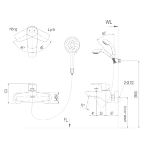 Bản vẽ kích thước Vòi sen tắm INAX BFV-213S-3C nóng lạnh Massage
