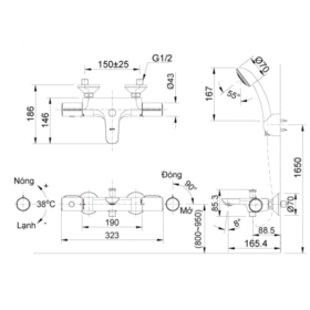 Bản vẽ kích thước Vòi sen tắm INAX BFV-3413T-3C nhiệt độ