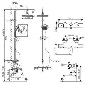 Bản vẽ kích thước Vòi sen tắm cây INAX BFV-3415T-9C nhiệt độ tay sen 5 chế độ