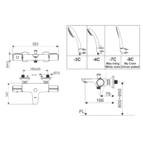 Bản vẽ kích thước sen tắm INAX BFV-3413T-4C nhiệt độ