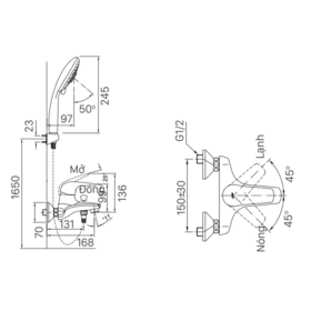 Bản vẽ kích thước vòi sen nóng lạnh INAX BFV-3003S-3C Massage 5 chế độ