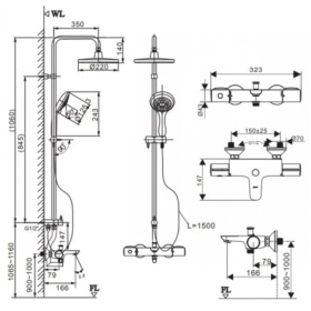 Bản vẽ kích thước vòi sen tắm cây INAX BFV-3415T-8C