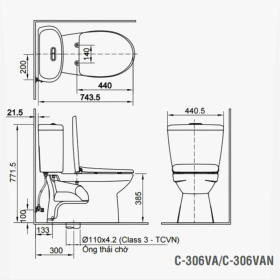 Bản vẽ kỹ thuật bồn cầu INAX C-306VA (C306VN) 2 khối nắp thường
