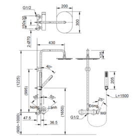 Bản vẽ kỹ thuật vòi sen cây tắm INAX BFV-60S nóng lạnh tay sen cao cấp