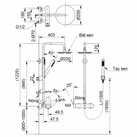 Bản vẽ kích thước vòi cây sen tắm nóng lạnh INAX BFV-71S