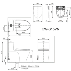 Bản vẽ Bồn cầu INAX AC-989+CW-S15VN nắp rửa cơ Aqua Ceramic