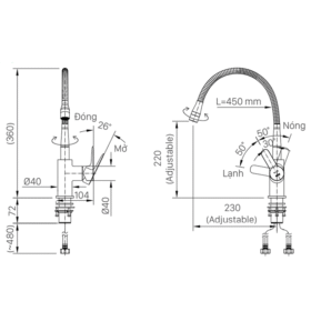 Bản vẽ Vòi nước rửa bát INAX SFV-303S nóng lạnh thân mềm