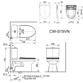 Bản vẽ kỹ thuật Bồn cầu INAX AC-514A+CW-S15VN nắp cơ Aqua Ceramic
