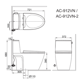 Bản vẽ kỹ thuật Bồn cầu INAX AC-912VN 1 khối xả gạt Aqua Ceramic dòng S200