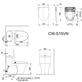 Bản vẽ kỹ thuật Bồn cầu INAX AC-959A+CW-S15VN nắp rửa cơ