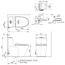 Bản vẽ kỹ thuật Bồn cầu điện tử INAX AC-989+CW-KA22AVN dòng S100