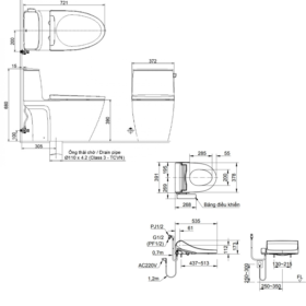 Bản vẽ kỹ thuật Bồn cầu nắp điện tử INAX AC-912+CW-H18VN xả gạt 1 khối