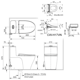 Bản vẽ kỹ thuật bồn cầu nắp điện tử INAX AC-989+CW-H17VN cao cấp