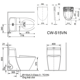 bản vẽ kích thước Bồn cầu INAX AC-919R+CW-S15VN nắp rửa cơ cao cấp
