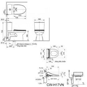 bản vẽ kỹ thuật Bồn cầu nắp điện tử INAX C-514A+CW-H17VN 2 khối