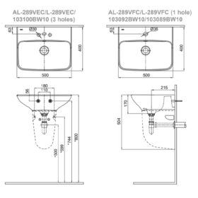 bản vẽ kích thước chậu lavabo treo tường INAX L-289V