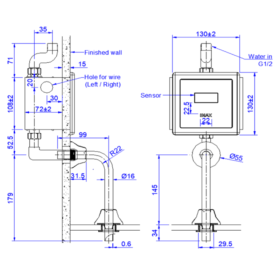 Bản vẽ Van xả tiểu cảm ứng INAX OKUV-30SM 220V âm tường