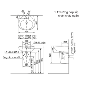 Bản vẽ kích thước Chậu Rửa Lavabo Inax L-284V Treo Tường Kèm Chân Chậu Ngắn L-284VC