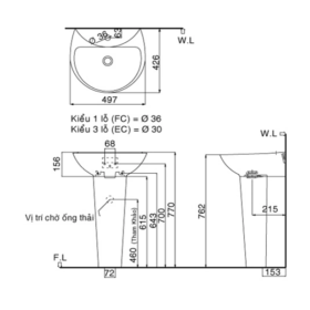 Bản vẽ kích thước Chậu Rửa Lavabo Inax L-285V Treo Tường Kèm Chân Chậu L-288VD Đặt Sàn