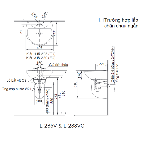 Chậu rửa lavabo INAX L-285V treo tường kèm chân ngắn L-288VC (L-285V/L-288VC) - Ảnh 2