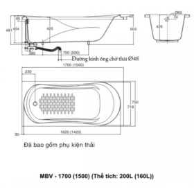 Bản vẽ kích thước bồn tắm xây INAX MBV-1700