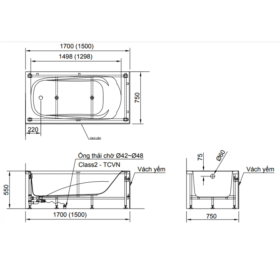 Bản vẽ kích thước bồn tắm INAX FBV-1502SL & FBV-1502SR chân yếm