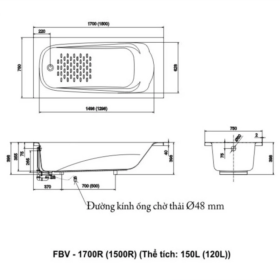 Bản vẽ kích thước bồn tắm xây INAX FBV-1700R (FBV1700R)