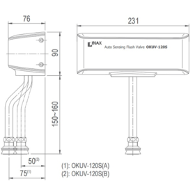 bản vẽ kỹ thuật Van xả tiểu cảm ứng INAX OKUV-120S(B)-0.5DC dùng Pin