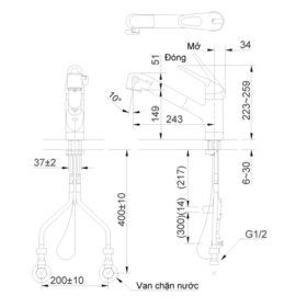 Bản vẽ kích thước Vòi rửa chén INAX nóng lạnh JF-AB466SYX(JW) dây rút lõi lọc