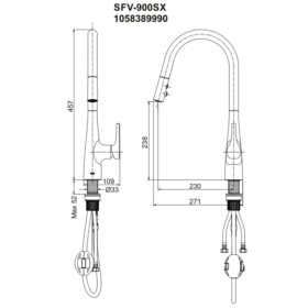 Bản vẽ kích thướcVòi rửa chén INAX nóng lạnh SFV-900SX dây rút (SFV900SX)