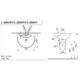 Bản vẽ kích thước Chậu rửa lavabo treo tường kèm chân ngắn L-288V L-288VC INAX